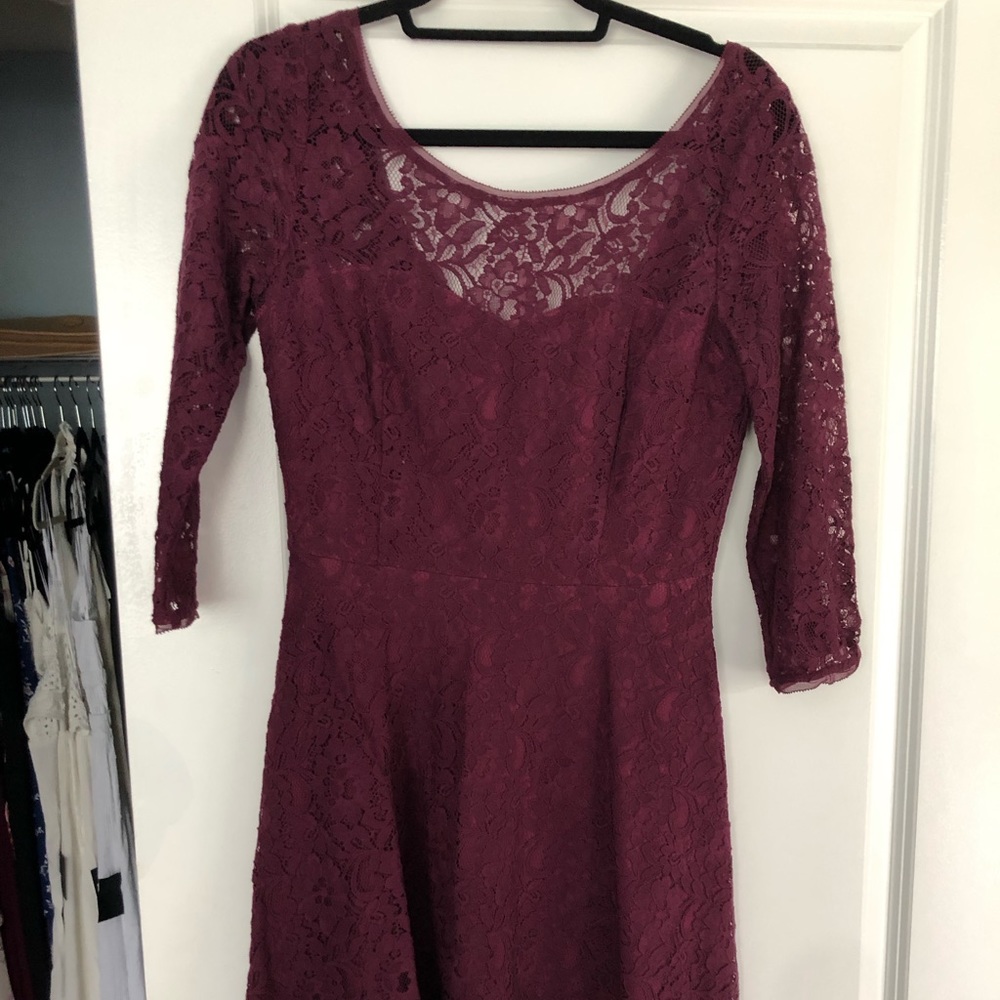 White House Black Market Plum Lace Tea Length Dress w/ illusion sweetheart neck